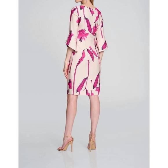 NEW JOSEPH RIBKOFF woven twill floral print sheath dress in light sand/pink - Picture 2 of 3